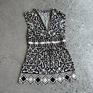 Hale Bob Women’s Small Sleeveless V Neck Tunic Black Cream Ornate Print Y2K